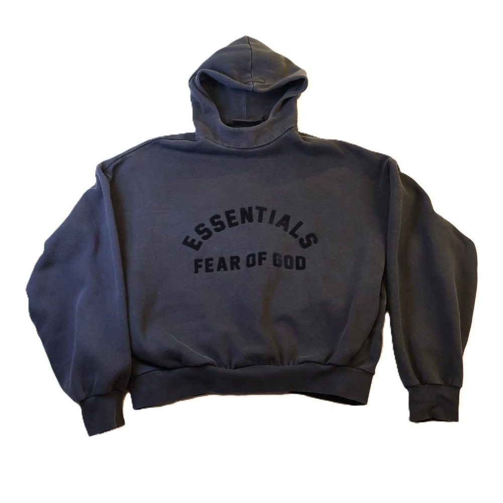 Fear of God Essentials Mens M Hoodie Black Flocked Logo Pullover Sweatshirt